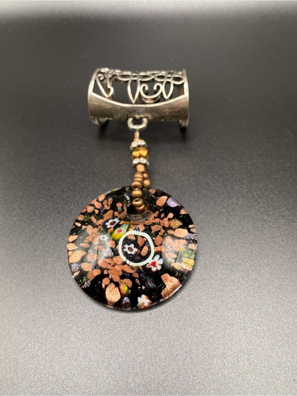 Vintage Handcrafted Black and Copper Millefiori Glass Pendant Charm